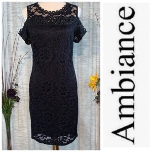 Ambiance black floral lace cold shoulder sheath dress.